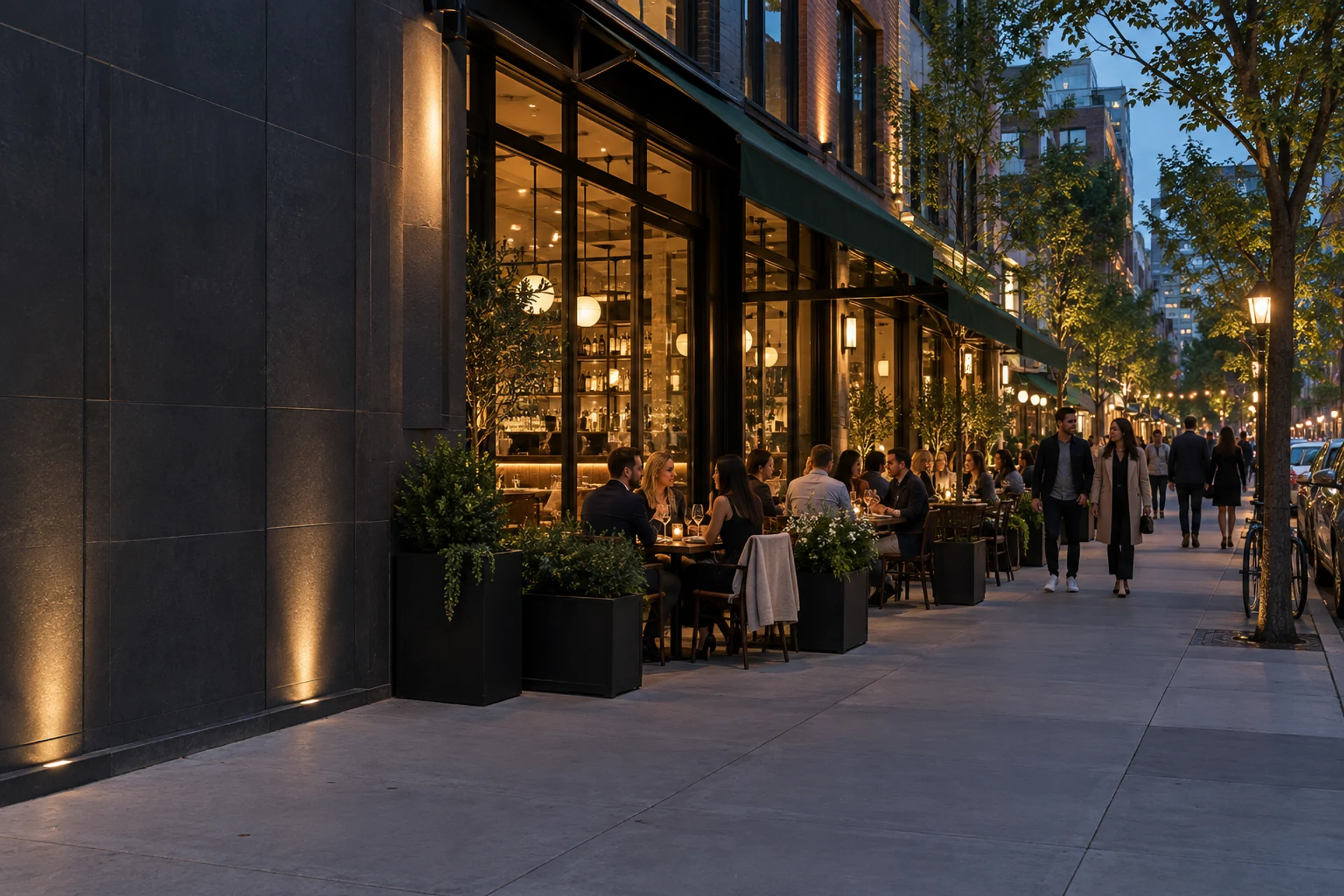 An illustrative restaurant neighbourhood with outdoor dining and people walking past